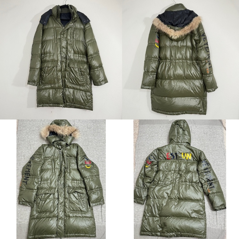JC de Castelbajac Women’s Down Puffer Jacket Raccoon Fur Accent Green Size 50 EU